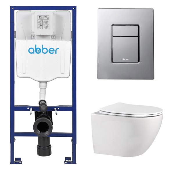Комплект подвесной унитаз ABBER Bequem AC1100 белый с инсталляцией AC0108 и кнопкой AC0123 хром глянцевый