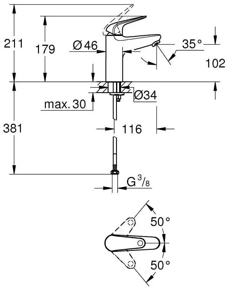 Смеситель для раковины GROHE EuroEco 1-рычажный, размер М, гладкий корпус, 5,7 л/мин (24266001)