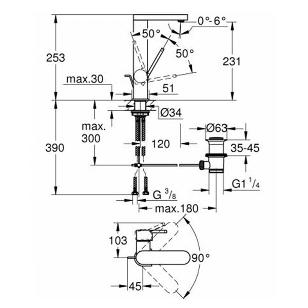 Смеситель для раковины с донным клапаном, размер L, хром Grohe Plus 23851003