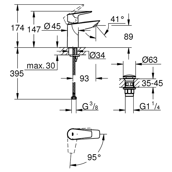 Смеситель для раковины с нажимным донным клапаном, размер S, хром Grohe BauEdge 23899001