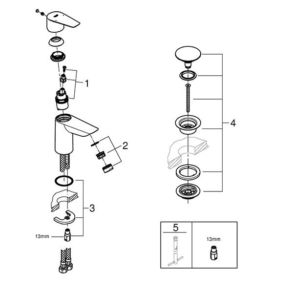 Смеситель для раковины, c нажимным донным клапаном, размер S, хром Grohe BauEdge 23896001