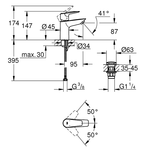 Смеситель для раковины, c нажимным донным клапаном, размер S, хром Grohe BauEdge 23896001