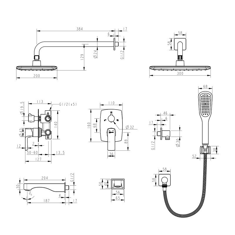 LM7222BL URSUS Смеситель для ванны и душа встраиваемый с дополнительной 1-функц. лейкой, черный