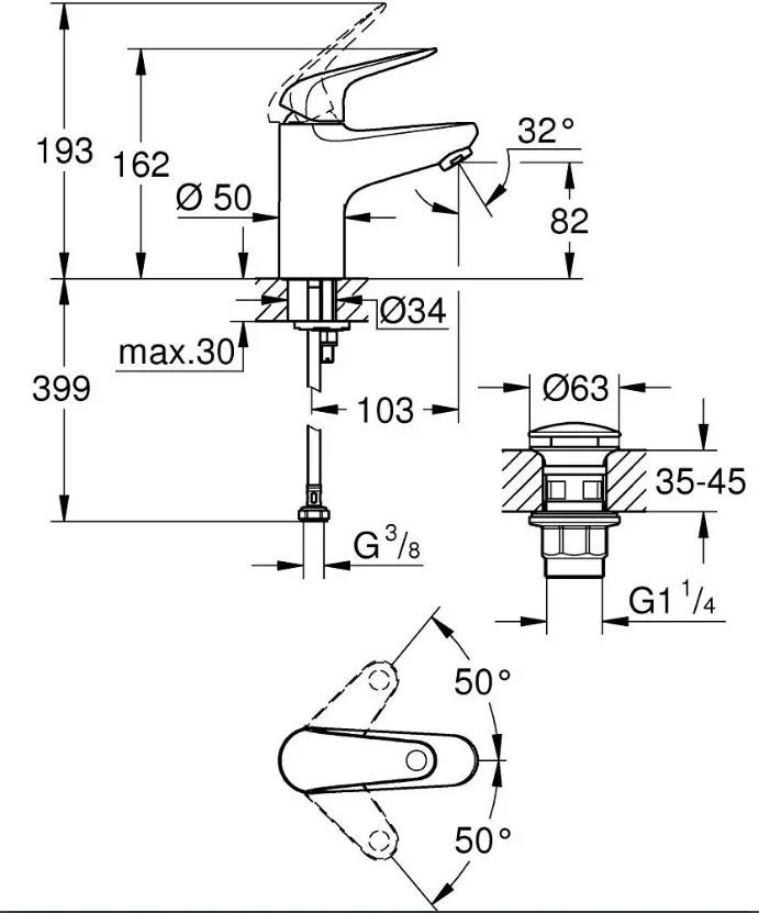 Смеситель для раковины с донным клапаном, размер S, хром Grohe Euroeco 24256001