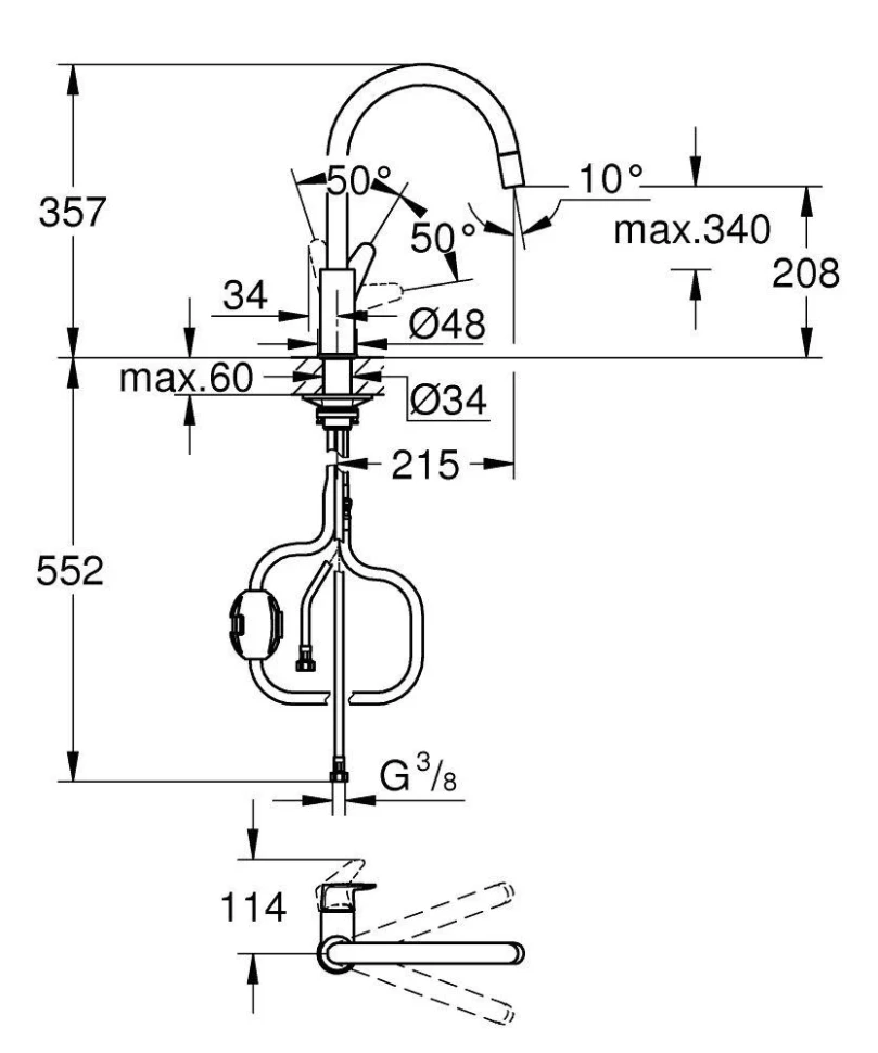 Сместель для мойки GROHE BauCurve однорычажный 1/2″, DN 15, хром (30547000)