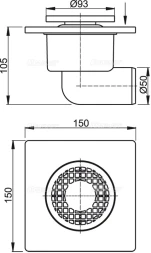 Трап точечный для пола 105x105/50, боковой слив, серая решетка, гидрозатвор Alcaplast APV3