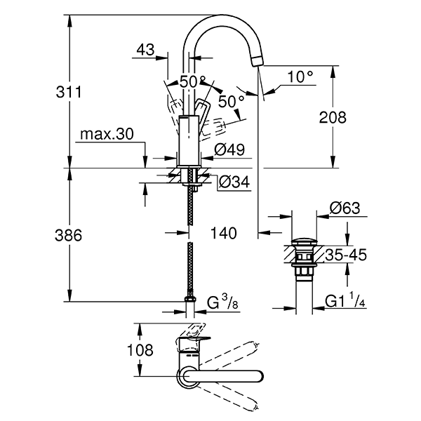 Смеситель для раковины с нажимным донным клапаном, размер L, хром Grohe BauLoop 23891001