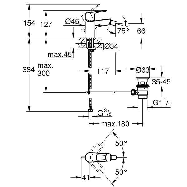 Смеситель для биде с рычажным донным клапаном, DN 15, размер S, хром Grohe BauLoop 23338001