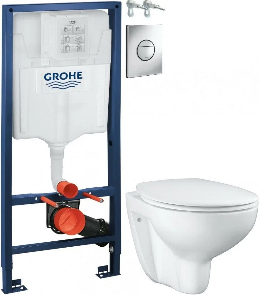 Инсталляция Grohe Solido Набор 4 в1: станд. инстал., подв. ободк. унитаз Bau Ceramic, сиденье, кнопк