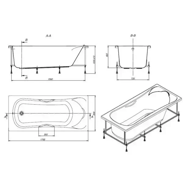 ВАННА АКРИЛОВАЯ ROCA BECOOL 180x80 в комплекте сифон, каркас, панель