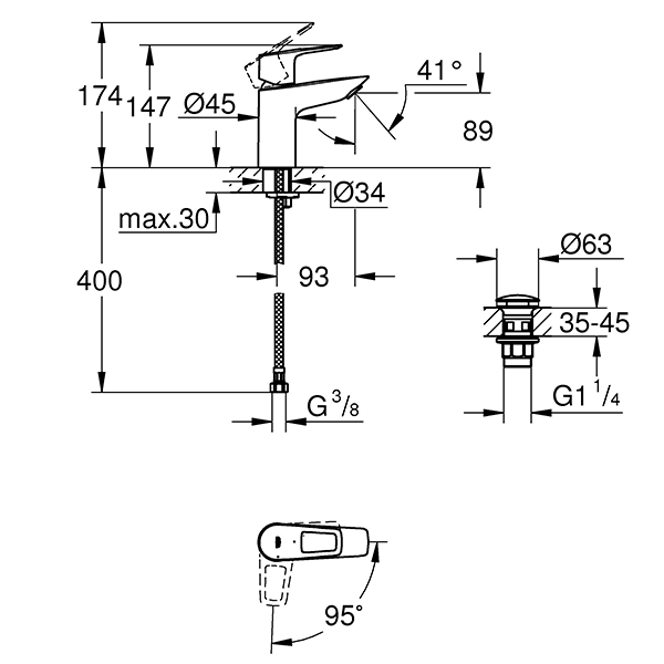 Смеситель для раковины с нажимным донным клапаном, размер S, хром Grohe BauLoop 23883001