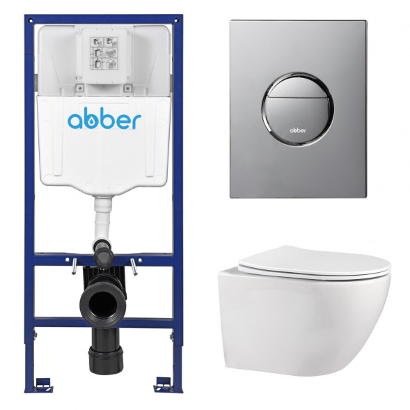 Комплект подвесной унитаз ABBER Bequem AC1100 белый с инсталляцией AC0108 и кнопкой AC0126 хром глянцевый