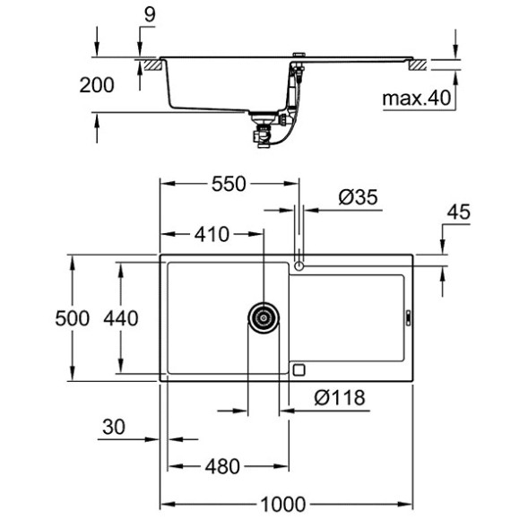 Мойка K500, композитная, оборачиваемая, с 1 чашей и крылом, 1000x500, серый гранит Grohe 31645AT0