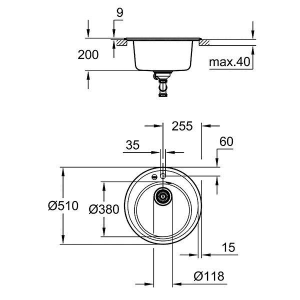 Мойка K200, композитная, с 1 чашей, 510, черный гранит Grohe 31656AP0