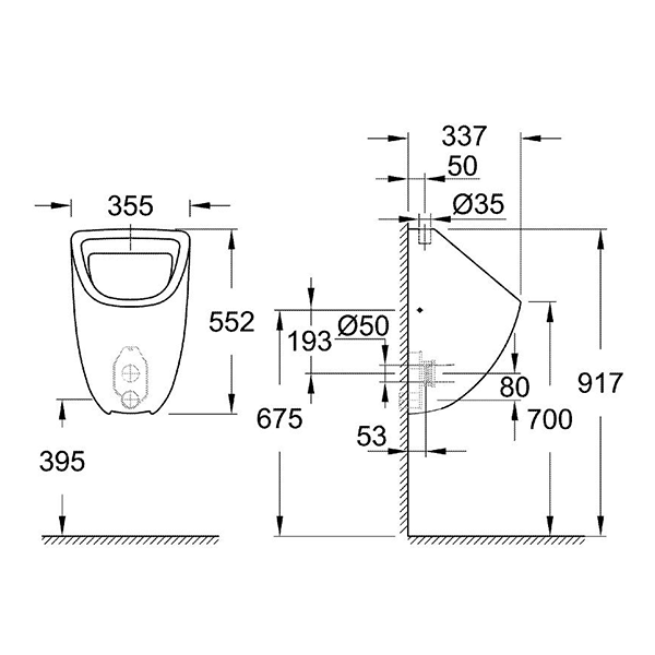 Писсуар подвесной, без крепежей, верхний подвод, альпин-белый Grohe Bau Ceramic 39439000