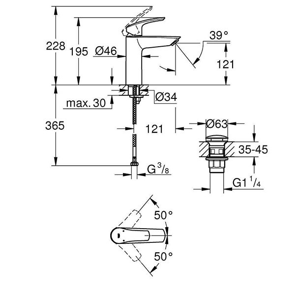Смеситель для раковины с донным клапаном, размер m, хром grohe eurosmart 23923003