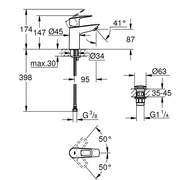 Смеситель для раковины с нажимным донным клапаном, размер S, хром Grohe BauLoop 23879001