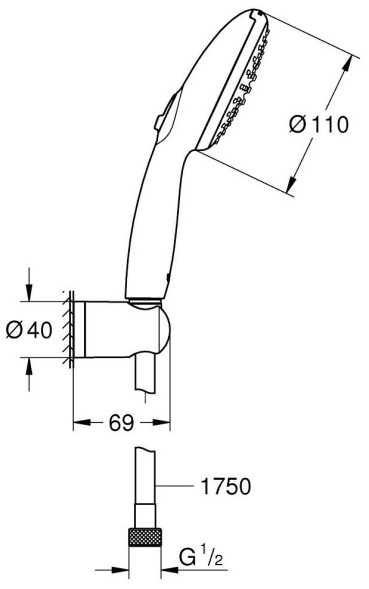 Набор для душа GROHE Vitalio Comfort 110, 2 режима струи, лейка, держатель и шланг, 8.5 л/мин, хром (26399001)