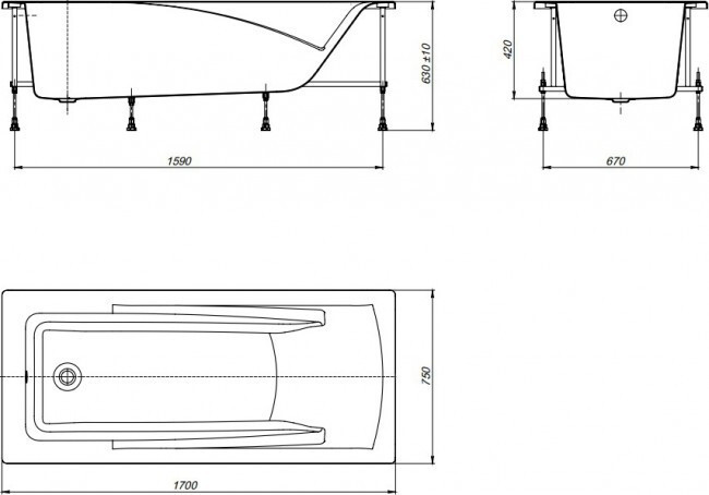 ВАННА АКРИЛОВАЯ ROCA HALL 170X75 в комплекте сифон, каркас