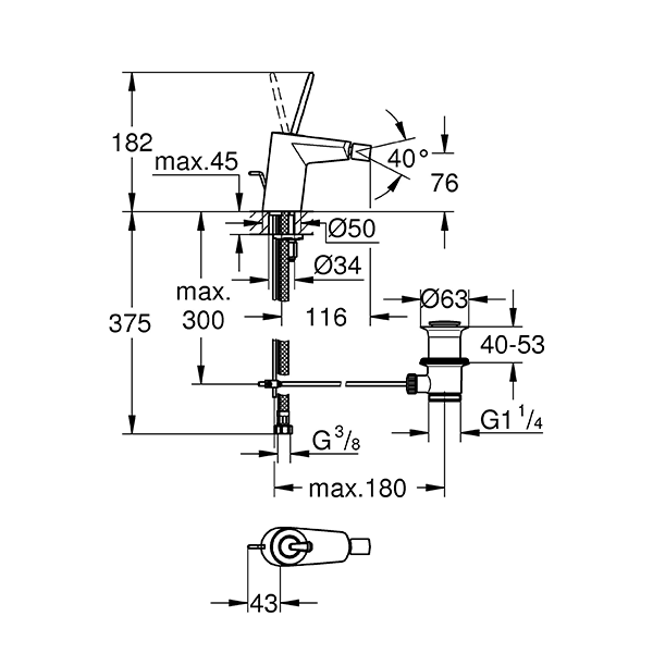 Смеситель для биде с донным клапаном, размер S, хром Grohe Eurodisc Joy 24036000