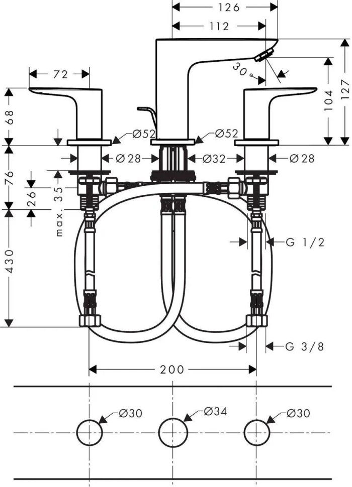 Смеситель для раковины, на 3 отверстия, черный Hansgrohe Talis E 71733670