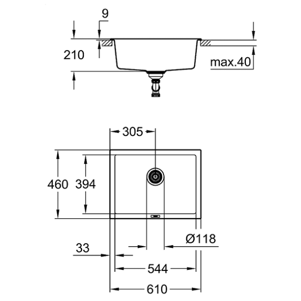 Мойка K700, композитная, с 1 чашей, 610х460, черный гранит Grohe 31655AP0