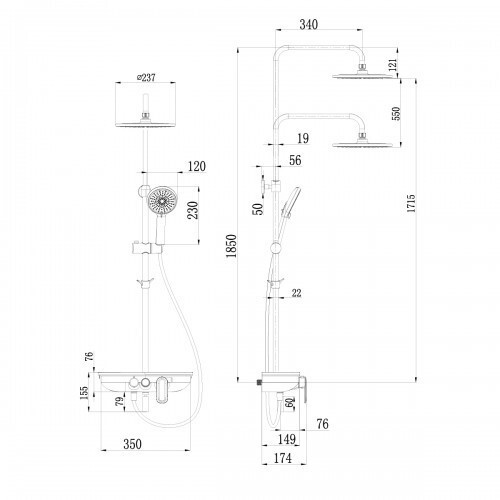 LM7012BL TROPIC Смеситель для ванны с верхней душ. лейкой Троп дождь, 4-ф лейка, пов изл, черный