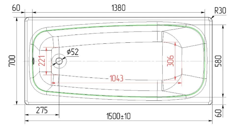 Ванна чугунная 1500*750 мм Сибирячка-У с ручк