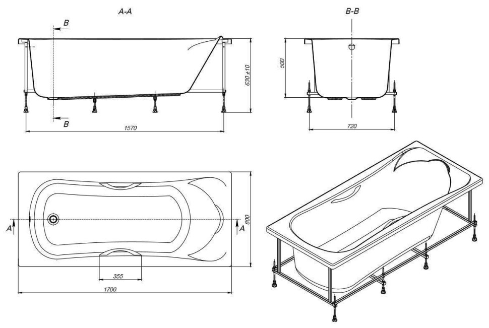 ВАННА АКРИЛОВАЯ ROCA BECOOL 170x80 в комплекте сифон, каркас, панель