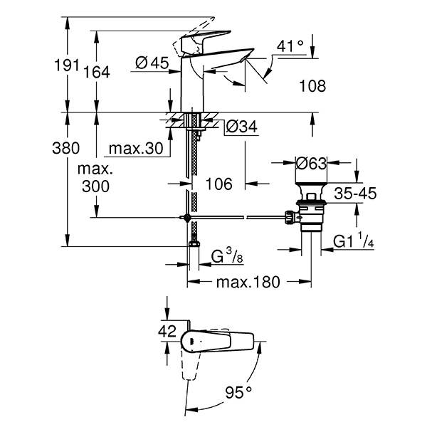 Смеситель для раковины с рычажным донным клапаном, размер M, хром Grohe BauEdge ColdStart 23759001