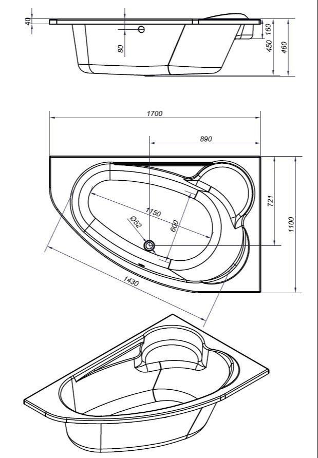 Ванна асимметричная KALIOPE 153x100 левая