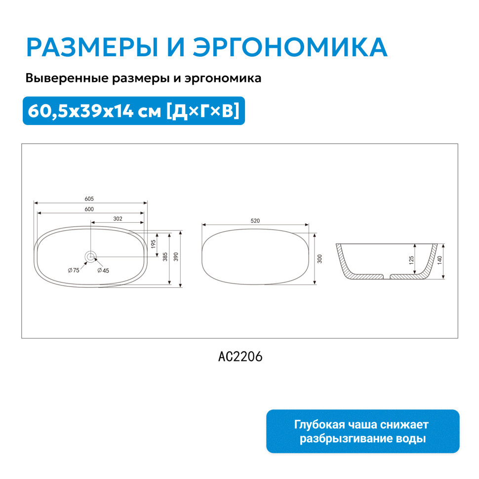 Раковина накладная ABBER Rechteck AC2206MW белая матовая